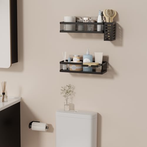 PUSDON 5-in-1 Wide Wall Mount Wrapped Mesh Kitchen Organizer & Shower Caddy Kit, with Paper Towel Holder, Utensil Holder, Soap Dish, Heavy Duty 50LBS - Matte Black, Netting