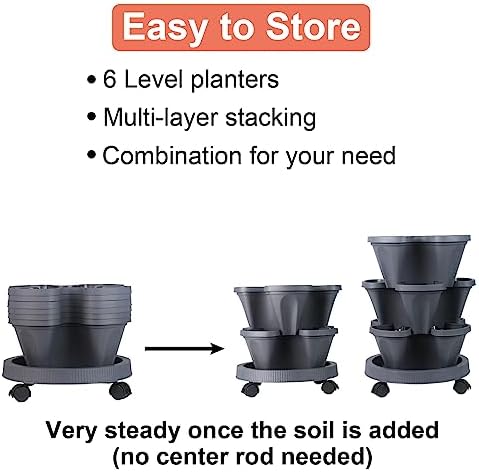 GameXcel Vertical Planter Tower - 6 Tier Stackable Garden Planters with Wheels and Tools Plant Pots for Strawberry Herb Flower and Vegetable Indoor Outdoor Use Dark Gray 2 Pack