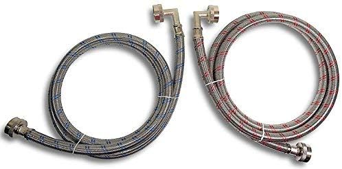 Premium Stainless Steel Washing Machine Hoses with 90 Degree Elbow, 5 Ft Burst Proof (2 Pack) Red and Blue Striped Water Connection Inlet Supply Lines