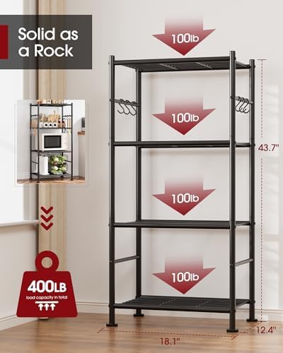 Sakugi Storage Shelves - 4-Tier Large Capacity Shelf Organizer with Hooks, Heavy-Duty Garage Shelving with Leveling Feet, Wobble-Free Rack for Bedroom, Balcony, Garage, 18.1"×12.4"×43.7", Black