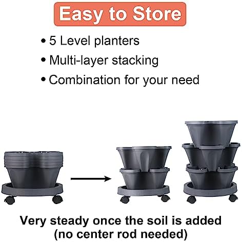 GameXcel Vertical Planter Tower - 5 Tier Stackable Garden Planters with Wheels and Tools Plant Pots for Strawberry Herb Flower and Vegetable Indoor Outdoor Use Dark Gray 2 Pack