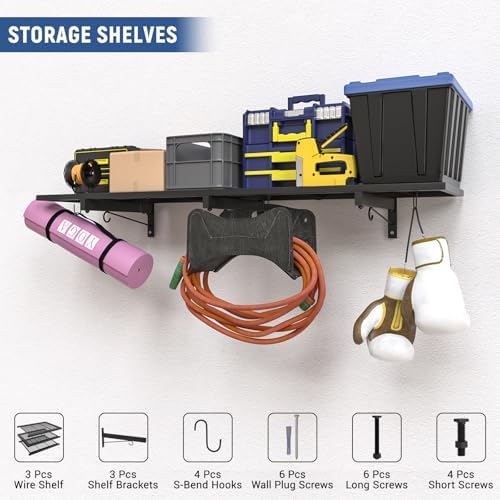 Garage Wall Shelf, Heavy Duty Garage Shelving, 46"X 12.5" Wall Mounted Shelves, Metal Floating Storage Rack with 4 Hooks, Utility Organizer Max Load 160 LBS for Laundry Room, Basement, Workshop