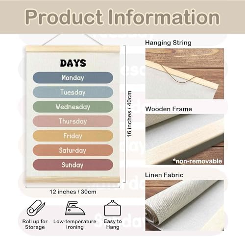 TLESKE Boho Classroom Days of the Week Poster Hanger Frame, Homeschool Hanging Wall Art Decor for Toddlers Kids Room Nursery Playroom, Preschool Prek Learning Educational Poster Print Banner, 12x16