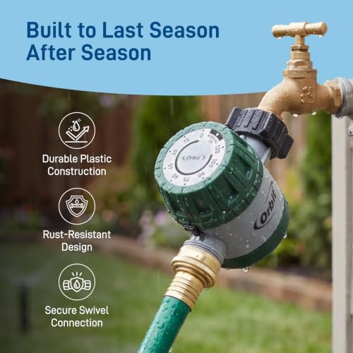 Orbit Mechanical Water Timer - Adjustable Irrigation Shutoff for Lawn & Garden Watering - Battery-Free Clockwork Hose Faucet Timer with Easy Grip Dial & Manual Bypass - 62034