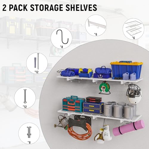 2 Pack Garage Wall Shelving, 46" x 12.5" Heavy Duty Storage Racks, Garage Shelves Wall Mounted with 8 Hooks, 320 LBS Capacity Floating Metal Shelf Organizer for Laundry Room, Basement, Workshop