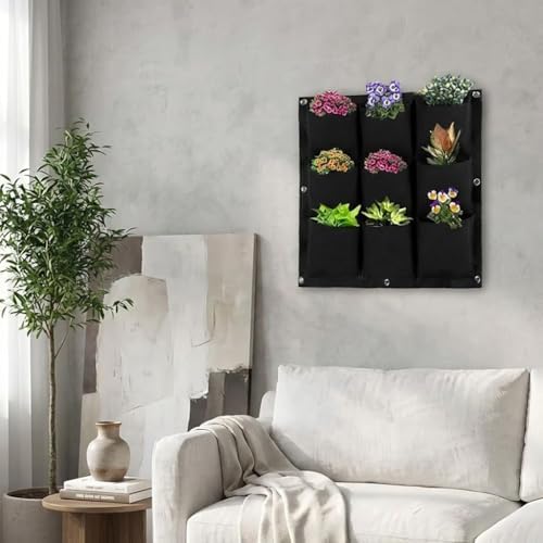 WFIST Vertical Hanging Planter Bag, Breathable Felt Wall Garden Planter with Metal Grommets, Indoor/Outdoor Space-Saving Herb & Flower Growing Pouch (9-Pocket)