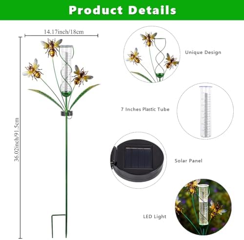 Solar Rain Gauge with 7-Inch Plastic Tube, Bee Decor