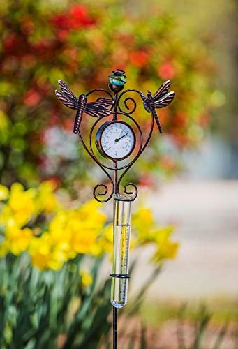 Evergreen Garden Outdoor Rain Gauge - Dragonfly Thermometer & Rain Gauge Garden Stake, Approx 32 Inches Tall
