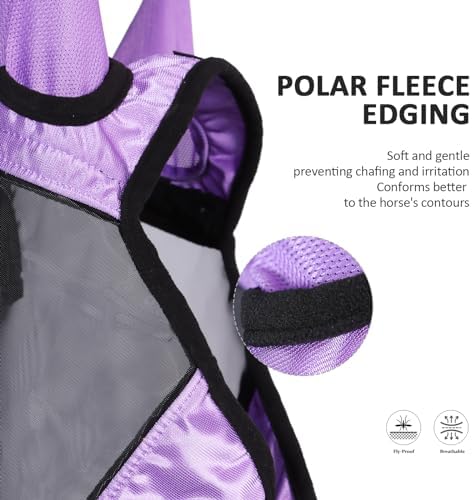 Harrison Howard Pro Luminous Horse Full Face Fly Mask Large Eye Space Long Nose with Ears UV Protection for Horse Gentle Lavendar S