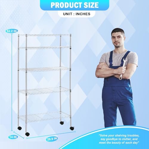 PayLessHere | 5-Tier Wire Shelf with Wheels | 14"x30"x60" | Chrome | Adjustable Racks | Heavy-Duty Storage Shelves, Holds Upto 220 lbs | Rust-Resistant, No-Tool Assembly | for Home, Garage Shelving