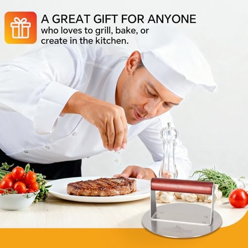 XUDAKAIXIN Stainless Steel Smash Burger Press 6.3",Hamburger Smasher Tool,BBQ Griddle Accessories for Hamburger, Steak, Meat,Perfect for Blackstone, Camp Chef, & Indoor Griddles (Round)