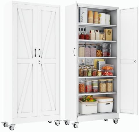 74" H Metal Pantry Storage Locker Cabinet with Wheels,Rolling Farmhouse Kitchen Pantry Cabinet with 2 Doors and 5 Adjustable Shelves,Steel Garage Tool Cabinet Organization for Home,Gym,School,White