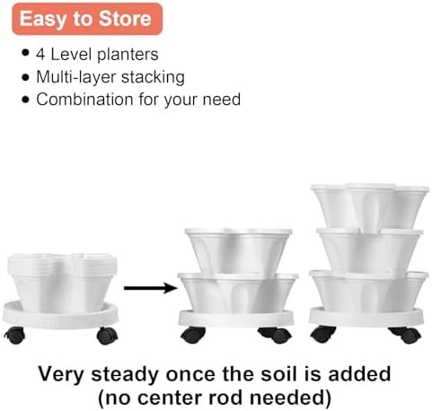 GameXcel Vertical Planter Tower - 4 Tier Stackable Garden Planters with Wheels and Tools Plant Pots for Strawberry Herb Flower and Vegetable Indoor Outdoor Use White