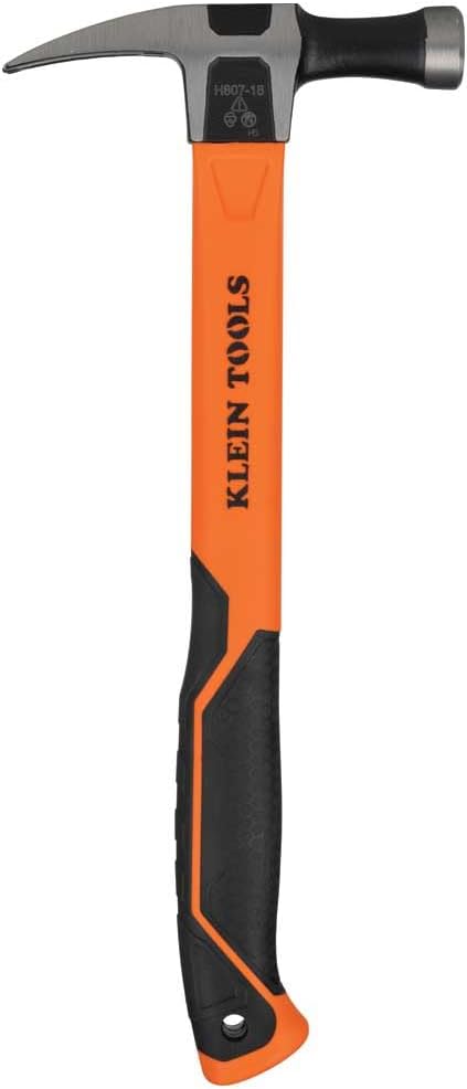 Klein Tools H80718 Straight-Claw Hammer with Smooth Head, 18-Ounce, Fiberglass Non-Slip Shock Absorbing Grip Handle with Tether Hole, 15-Inch