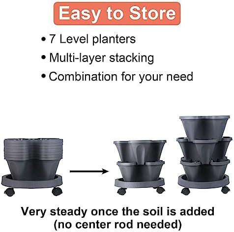 GameXcel Vertical Planter Tower - 7 Tier Stackable Garden Planters with Wheels and Tools Plant Pots for Strawberry Herb Flower and Vegetable Indoor Outdoor Use Dark Gray