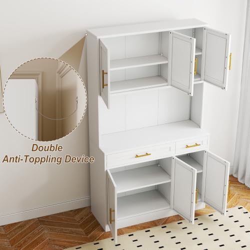 71"Large Metal Pantry Storage Cabinet with 2 Drawers,Farmhouse Wide Kitchen Pantry Storage with Adjustable Shelves,Tall Kitchen Hutch with Countertop for Dining Room and Living Room,Home Office,White