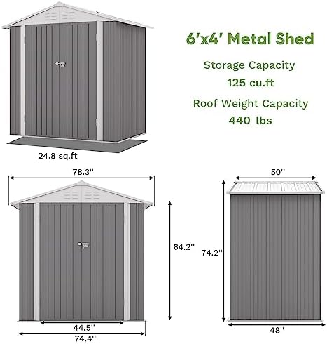 Patiowell 6x4 FT Outdoor Storage Shed, Metal Outdoor Sheds with Vents&Lock