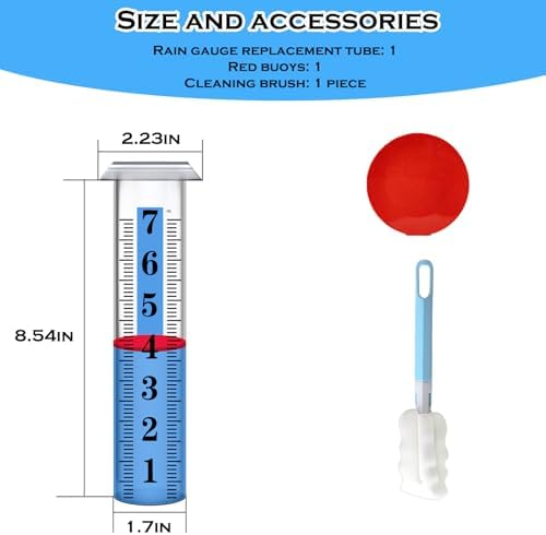 YZDTECH Rain Gauge Replacement Tube Plastic, Accurate Rain Gauge Outdoor, Thickened and Transparent 7" Capacity Tube with Blue Strip for Yard, 1 Rain Meter Tube with 1 Clean Brush and 1 Red Float