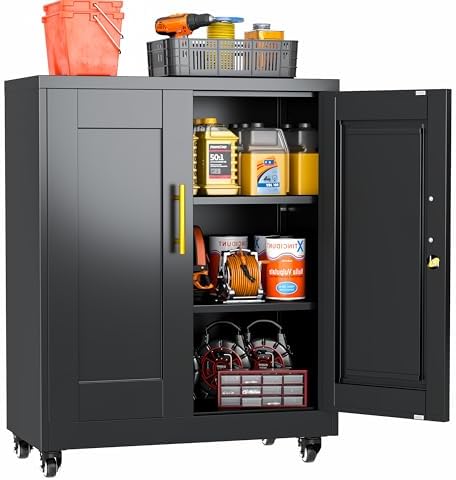 Small Metal Storage Cabinet with Wheels, Lockable Tool Cabinet with Doors