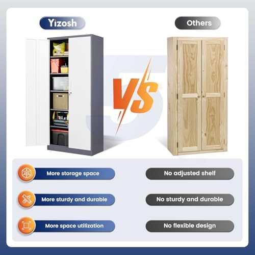 Yizosh Metal Storage Cabinet with 2 Locking Doors and 5 Adjustable Shelves, 72" Garage Storage Cabinet Steel Lockable for Office,Home,Garage