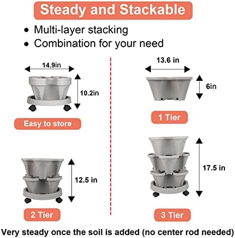 GameXcel Vertical Planter Tower - 3 Tier Stackable Garden Planters with Wheels and Tools Plant Pots for Strawberry Herb Flower and Vegetable Indoor Outdoor Use Gray 2 Pack
