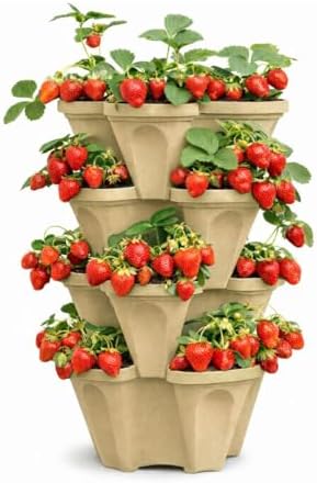 Large Vertical Planter Tower, 4 Tier Stackable Garden Planter, 28 Plant Sites, Heavy Duty Strawberry Planter, Vertical Growing System with Center Hole, Made in USA (Desert Sand)
