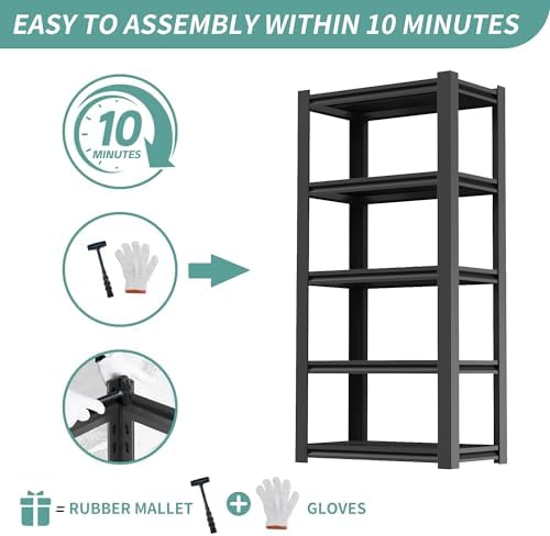 60" H Garage Shelves, Garage Shelving Heavy Duty, 3000Lbs 5 Tier Adjustable Garage Storage Shelves Suitable for Warehouse, Basement, Workshop,Require Assembly, 12.01" D*27.56" W *60" H(Black)