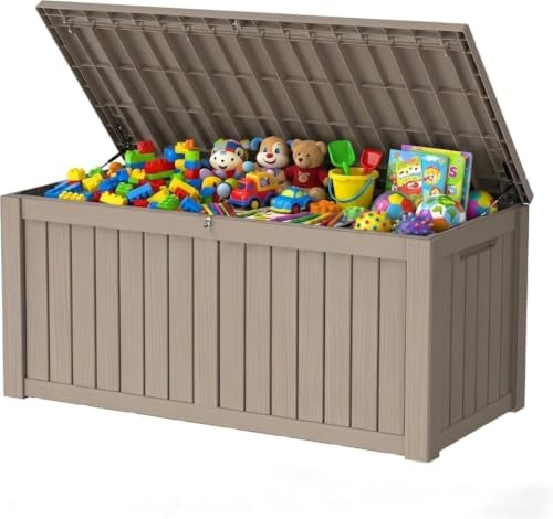 150 Gallon Lockable Resin Outdoor Storage Box, Waterproof & Weather Resistant Deck Box for Patio Cushion, Garden Tools & Accessories, Gray