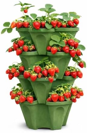 Large Vertical Planter Tower, 4 Tier Stackable Garden Planter, 16 Plant Sites, Heavy Duty Strawberry Planter, Vertical Growing System with Center Hole, Made in USA (4, Sagebrush Green, Large)