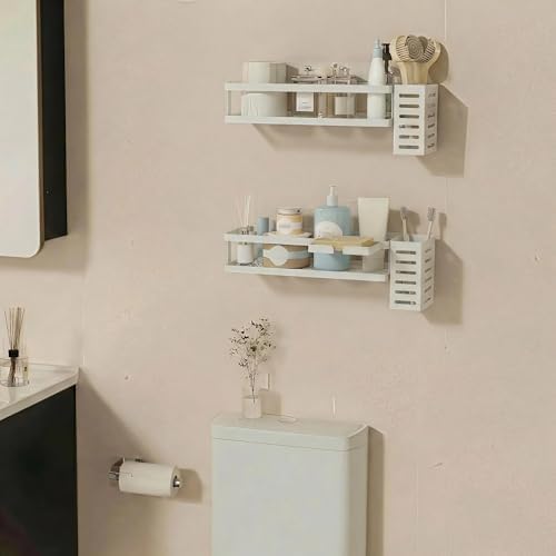 PUSDON 5-in-1 Shower Caddy & Kitchen Organizer Set, Wall Mount Wide Spice Rack with Paper Towel Holder, Utensil Holder, Soap Dish, Rustproof Mesh Baskets Hold 50LBS - White, Guardrail