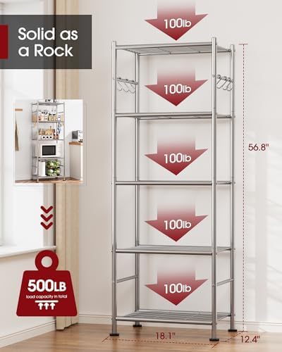 Sakugi Storage Shelves - 5-Tier Large Capacity Shelf Organizer with Hooks, Heavy-Duty Garage Shelving with Leveling Feet, Wobble-Free Rack for Bedroom, Balcony, Garage, 18.1"×12.4"×56.8", Silver