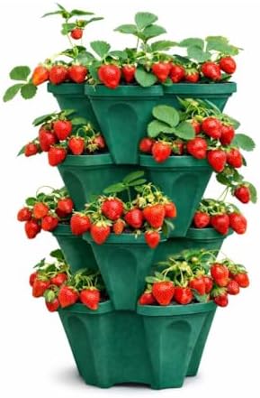 Large Vertical Planter Tower – 4 Tier Stackable Garden Planter, 16 Plant Sites, Commercial Grade Strawberry Planter, Heavy Duty Vertical Growing System with Center Support Hole (Deep Forest, Large)
