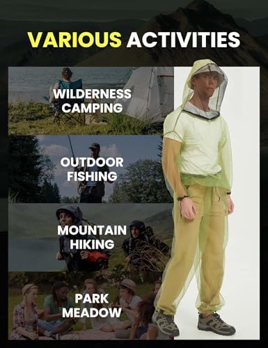 HENNCHEE Mosquito Suits for Adult, Mesh Net Bug Hooded Jacket Pant, Outdoor Full Body Protection Mosquito Proof Clothing