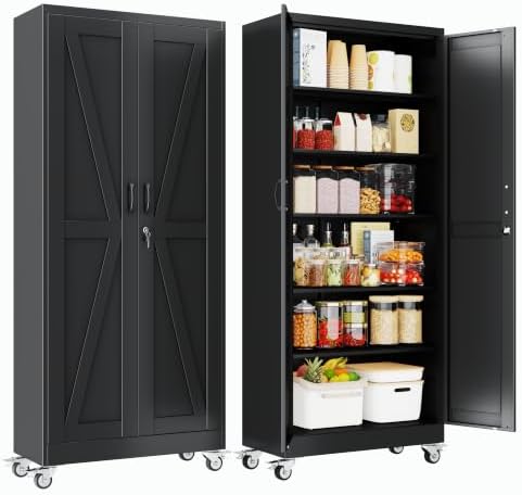 74" H Metal Pantry Storage Locker Cabinet with Wheels,Rolling Farmhouse Kitchen Pantry Cabinet with 2 Doors and 5 Adjustable Shelves,Steel Garage Tool Cabinet Organization for Home,Gym,School,Black