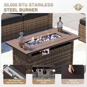 Aoxun 44" Propane Fire Pit 50,000 BTU Outdoor Wicker Fire Table Patio Rectangular 2-in-1 Gas Fire Pit Table with Firepit Lid and Waterproof Cover(Brown Rattan,Brown Top)