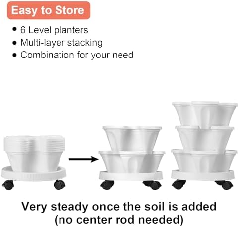 GameXcel Vertical Planter Tower - 6 Tier Stackable Garden Planters with Wheels and Tools Plant Pots for Strawberry Herb Flower and Vegetable Indoor Outdoor Use White