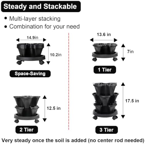 GameXcel Vertical Planter Tower - 3 Tier Stackable Garden Planters with Wheels and Tools Plant Pots for Strawberry Herb Flower and Vegetable Indoor Outdoor Use Black