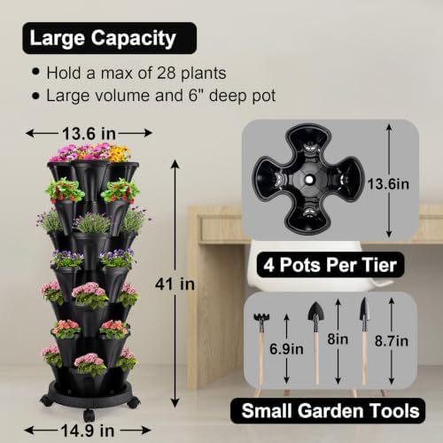 GameXcel Vertical Planter Tower - 7 Tier Stackable Garden Planters with Wheels and Garden Tool Set Plant Pots for Strawberry Herb Flower and Vegetable Indoor Outdoor Use Black