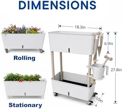 2-Tier 27.8"H Rolling Raised Garden Bed with Wheels, Self Watering Planter Box with Visible Water Level, Gray Rustproof Plastic Herb & Strawberry Planter for Indoor Outdoor Vegetables Flowers, DIY Kit