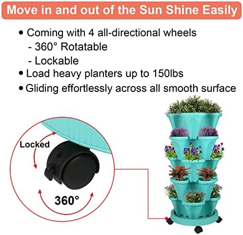 GameXcel Vertical Planter Tower - 5 Tier Stackable Garden Planters with Wheels and Tools Plant Pots for Strawberry Herb Flower and Vegetable Indoor Outdoor Use Teal 2 Pack