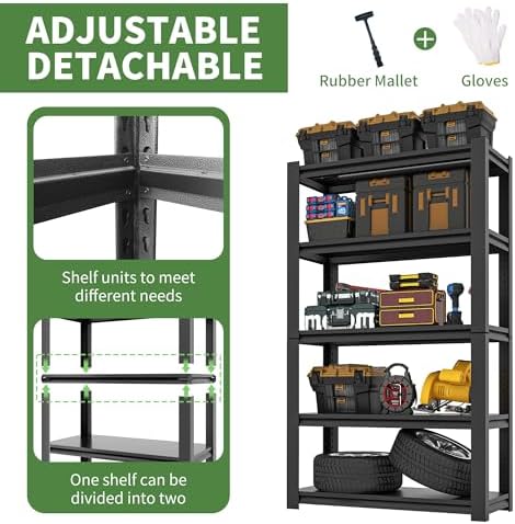 72" H Garage Shelving, Garage Shelves Heavy Duty, 5 Tier Adjustable Garage Storage Shelves for Warehouse, Basement, Workshop, Kitchen, Require Assembly, 16''D*36''W*72''H, Black