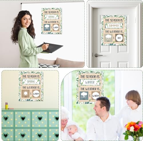 Eucalyptus Leaves Season and Weather Calendar Bulletin Board Season Calendar Posters with Weather Cards Hook and Loop Dots for Classroom Wall Decor Preschool Kindergarten Student Teacher Supplies