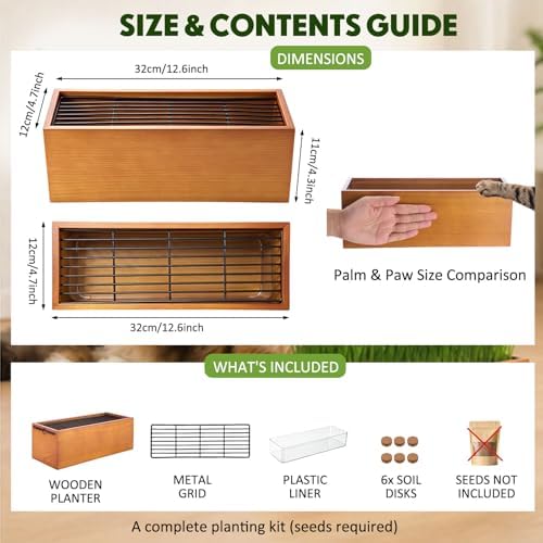 Wooden Cat Grass Planter for Indoor Cats, Wheat Grass Pot Kit with Soil Disks, Removable Anti-Digging Grid, Plastic Liner, No Seeds Included, Natural Wood, 12.6 x 4.7 x 4.3 in
