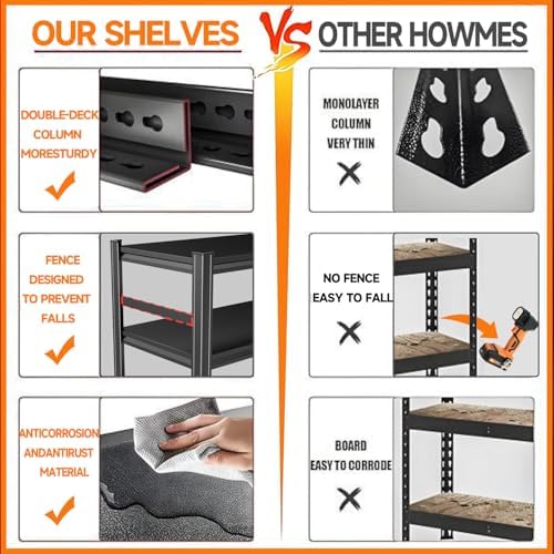 Heavy Duty Metal Garage Shelving Unit, 5 - Tier Adjustable Storage Shelves, 3000LBS for Garage & Basement, Kitchen and Pantry Industrial Steel Rack, Ideal for Tool Organization & Storage, Black,73"H