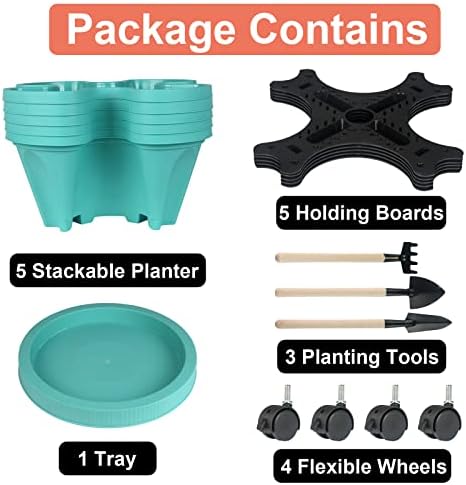 GameXcel Vertical Planter Tower - 5 Tier Stackable Garden Planters with Wheels and Tools Plant Pots for Strawberry Herb Flower and Vegetable Indoor Outdoor Use Teal