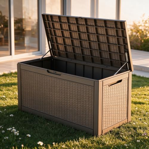 130 Gallon Deck Box,Lockable Outdoor Storage Box Gas Lift,Waterproof,Grey