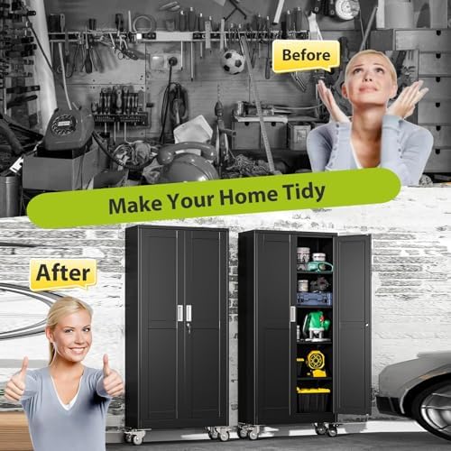 61-Inch Metal Garage Storage Cabinet with Wheels, Locking Doors and Shelves