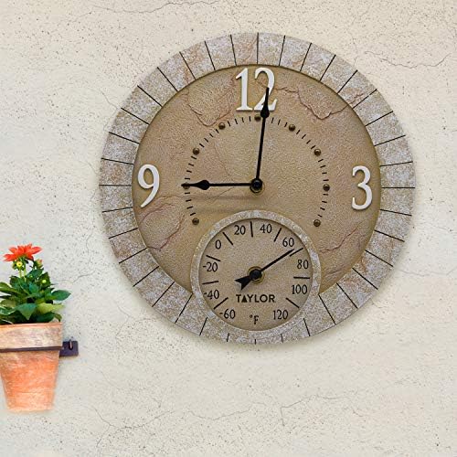 Taylor Terra Cotta Poly Resin Indoor and Outdoor Clock and Thermometer, Home Decor for Garden, Patio, Pool, and Indoor Areas, 14-inch, Multi-Color