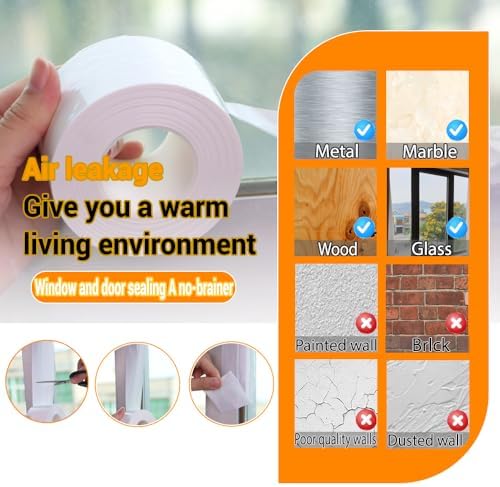 Window Insulation for Winter Weather Sealing Tape 2 Inch x 50 Yards Weather Stripping Residue Free Draft Isolation Sealing Film Tape for Doors Windows and Shower Glass Gaps White Color