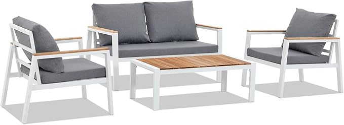 JOIVI Aluminum Patio Furniture Set, 4 Pieces Outdoor Conversation Set with Teak Coffee Table & Cushion, Outdoor Sectional Sof Set, Outside Furniture for Deck, Backyard, White